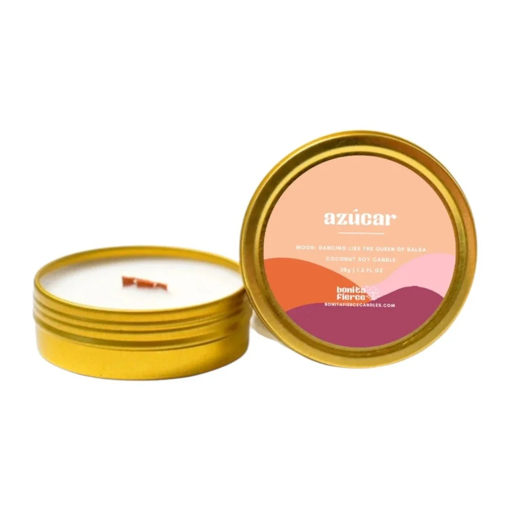BONITA FIERCE Candle Azucar Scent Coconut Soy 1.3 oz Gold Tin Cozy Dopamine Gift